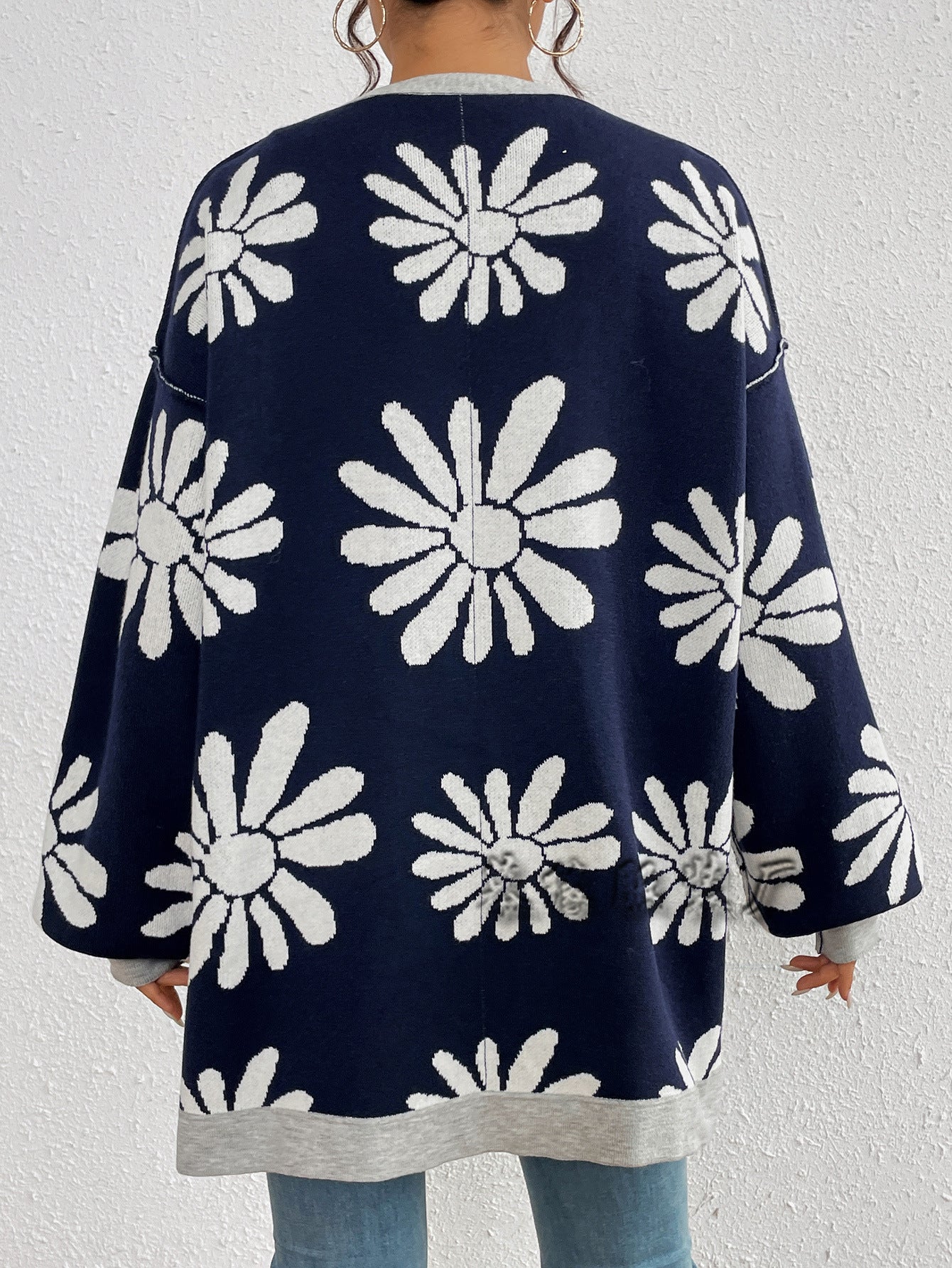 Casual Floral Print Knitted Cardigan Coats