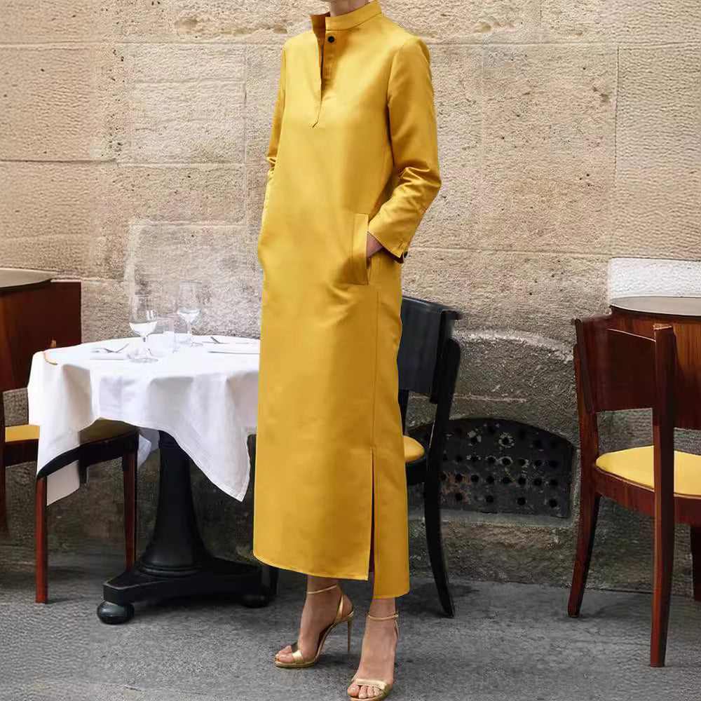 Elegant Solid Color Midi Dress with High Neck, Long Sleeves, and Side Slit