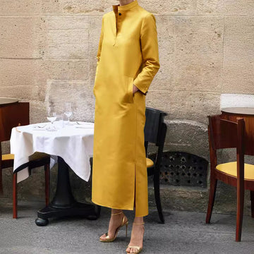 Elegant Solid Color Midi Dress with High Neck, Long Sleeves, and Side Slit