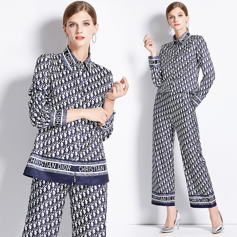 Versatile and Slimming Shirt Paired with Loose Positioned Printed Wide-Leg Pants Set