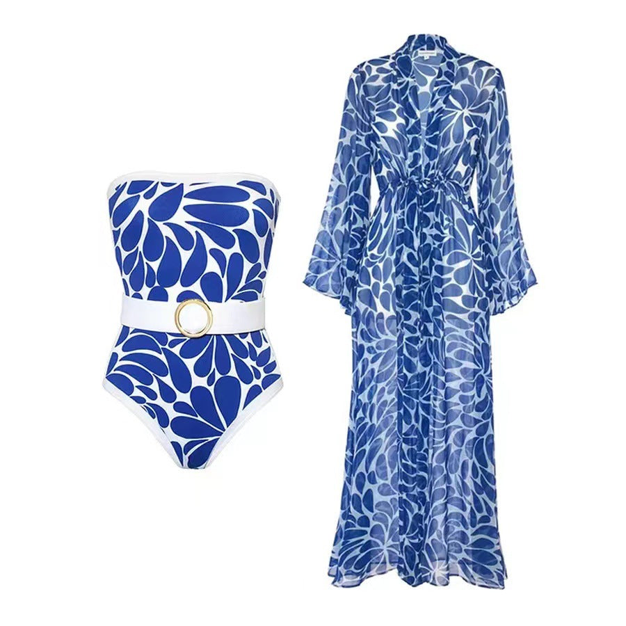 Women's Fashion Print One-Piece Swimsuit with Long Sleeve Cover-Up