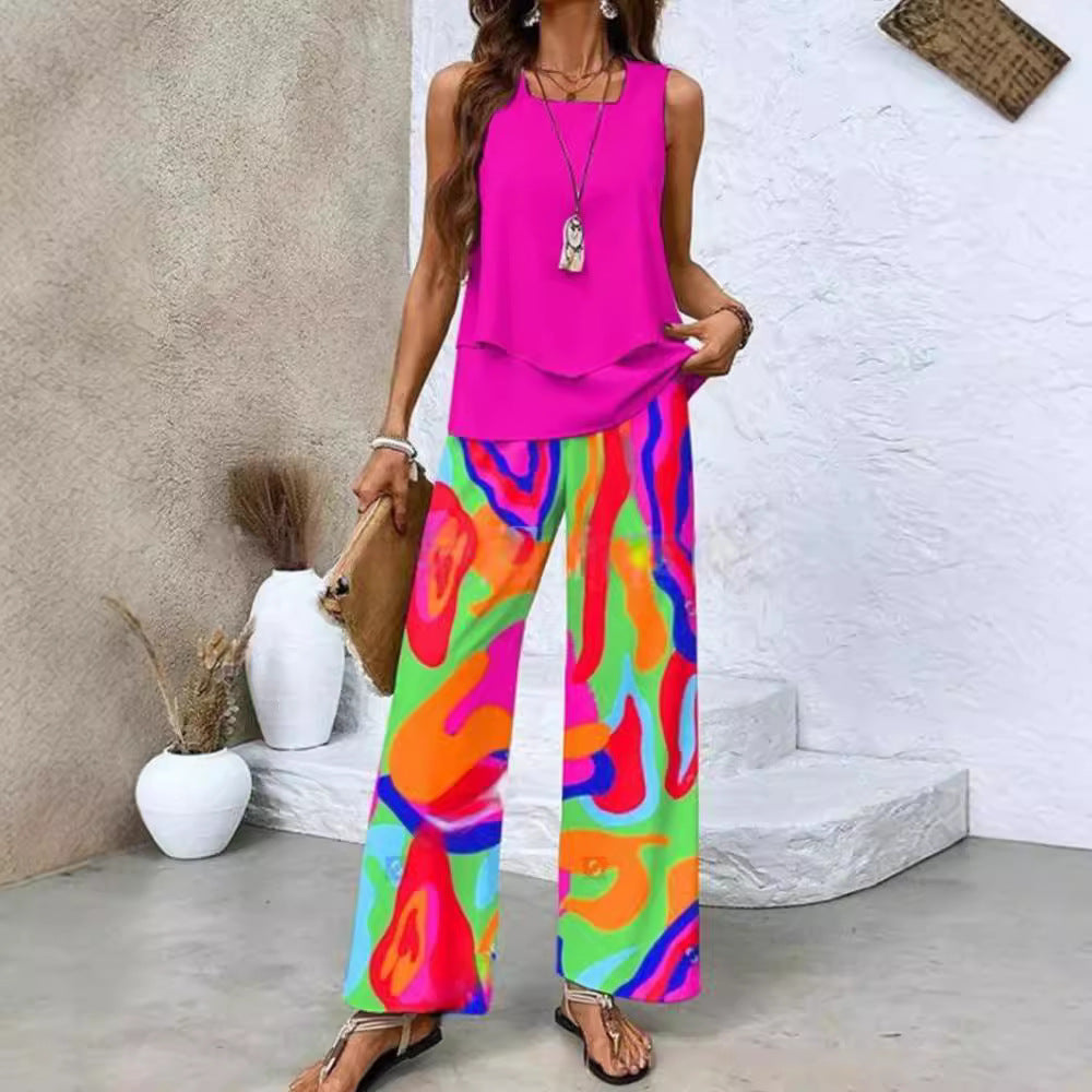 Women's Summer Sleeveless Layered Vest & Pants Set