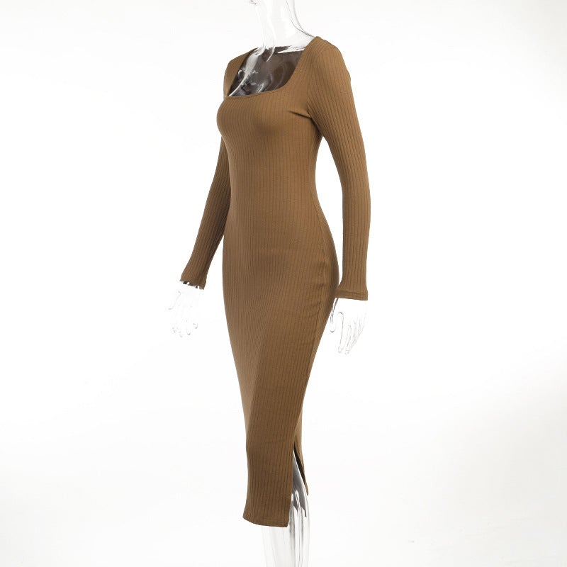 Sexy Square Neckline Long Sleeves Knitted Long Dresses-Dresses-Free Shipping at meselling99