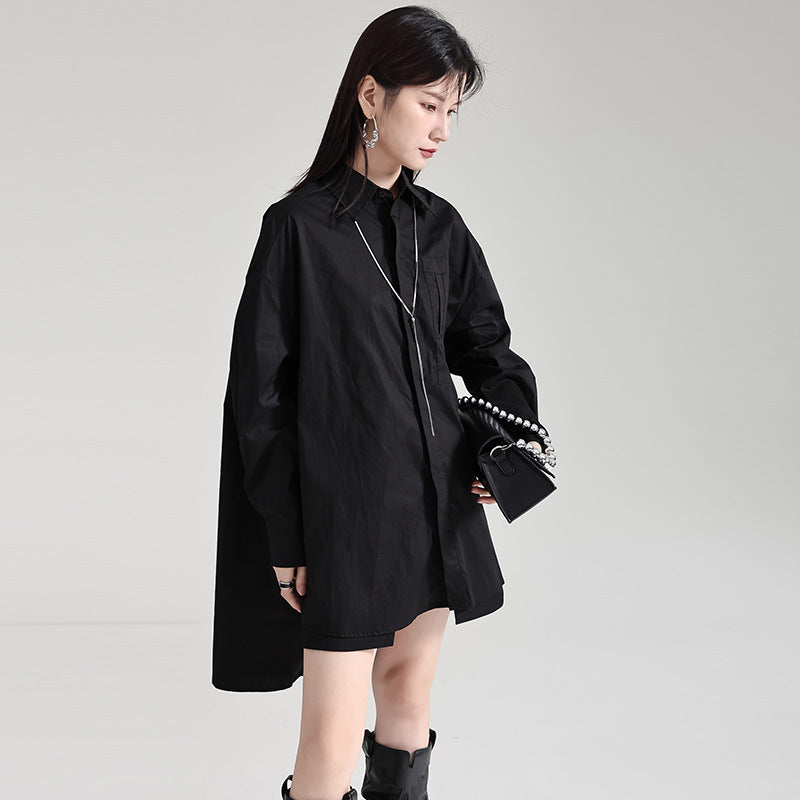 Oversized Asymmetrical Shirt – Trendy Longline Loose Fit Casual Blouse-Apricot-One Size-Free Shipping Leatheretro