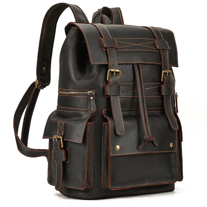 Retro Crazy Horse Leather Backpack – Large Capacity 16-Inch Cowhide Laptop & Travel Bag with Multi-Flap Pockets