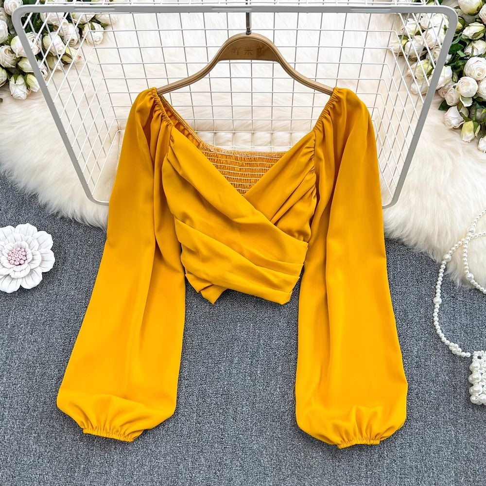 V-Neck Ruffle Bubble Sleeve Cropped Top