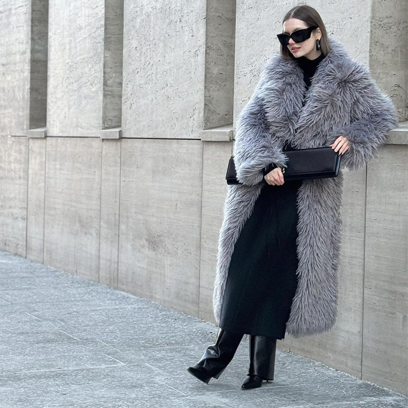 Long Faux Fur Coat – Women’s Winter Warm Plush Fake Fur Jacket with Lapel Collar
