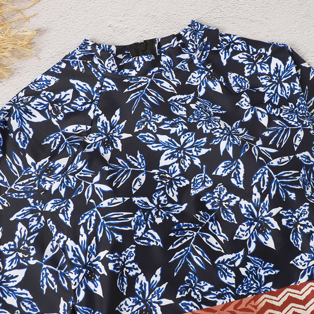 Blue Floral Print Long Sleeves Surf Wear