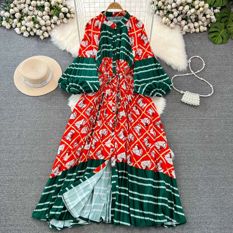 Retro Palace Style Lantern Sleeve Round Neck A-Line Floral Print Button-Down Waist Dress