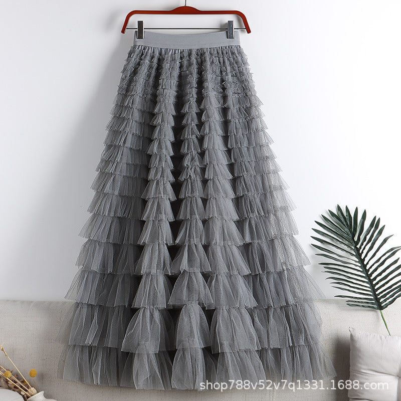 A-Line Mid-Length Tulle Skirt with Layered Mesh Insert