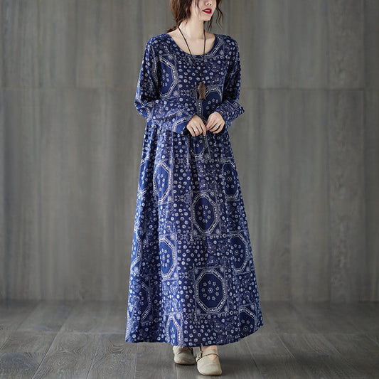 Vintage Plus Sizes Long Sleeves Blue Fall Dresses-Dresses-Free Shipping at meselling99