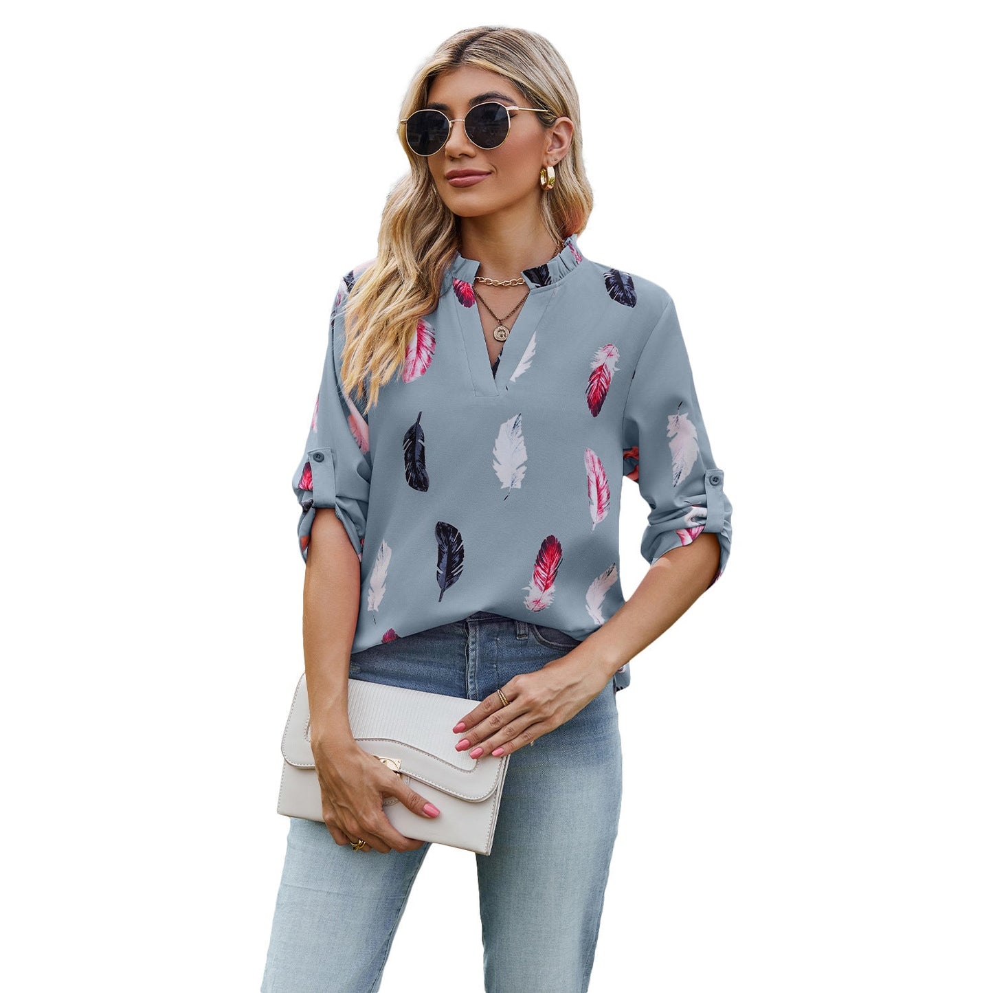 Casual Summer Feather Print 3/4 Sleeves Shirts