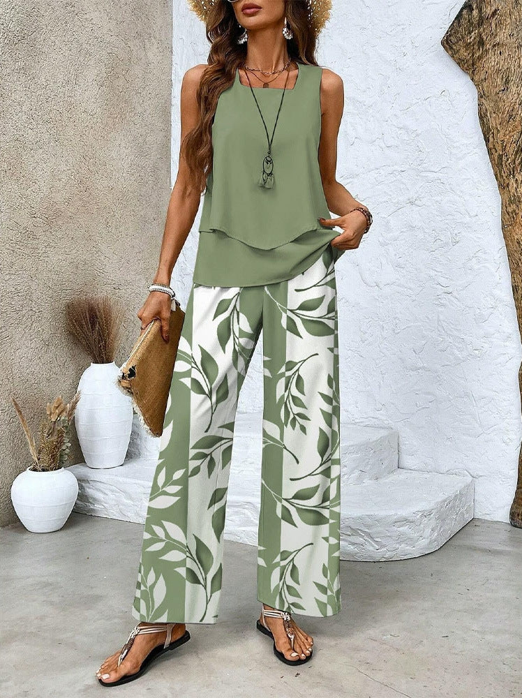 Women's Summer Sleeveless Layered Vest & Pants Set