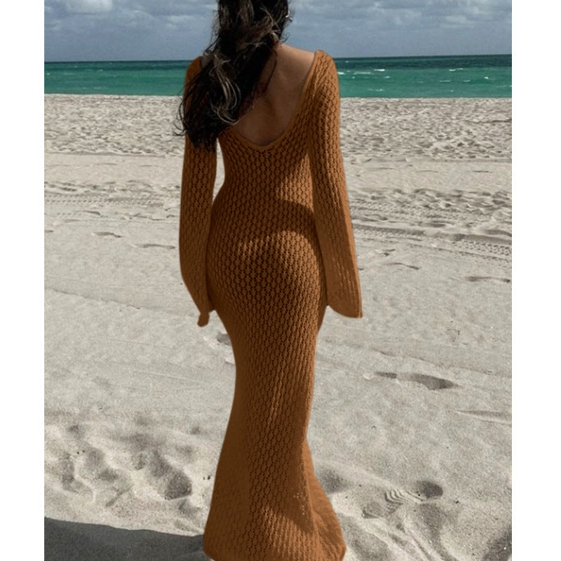 Women's V-Neck Long Sleeve Beach Cover-Up Dress