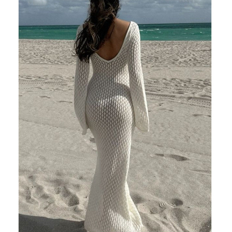 Women's V-Neck Long Sleeve Beach Cover-Up Dress