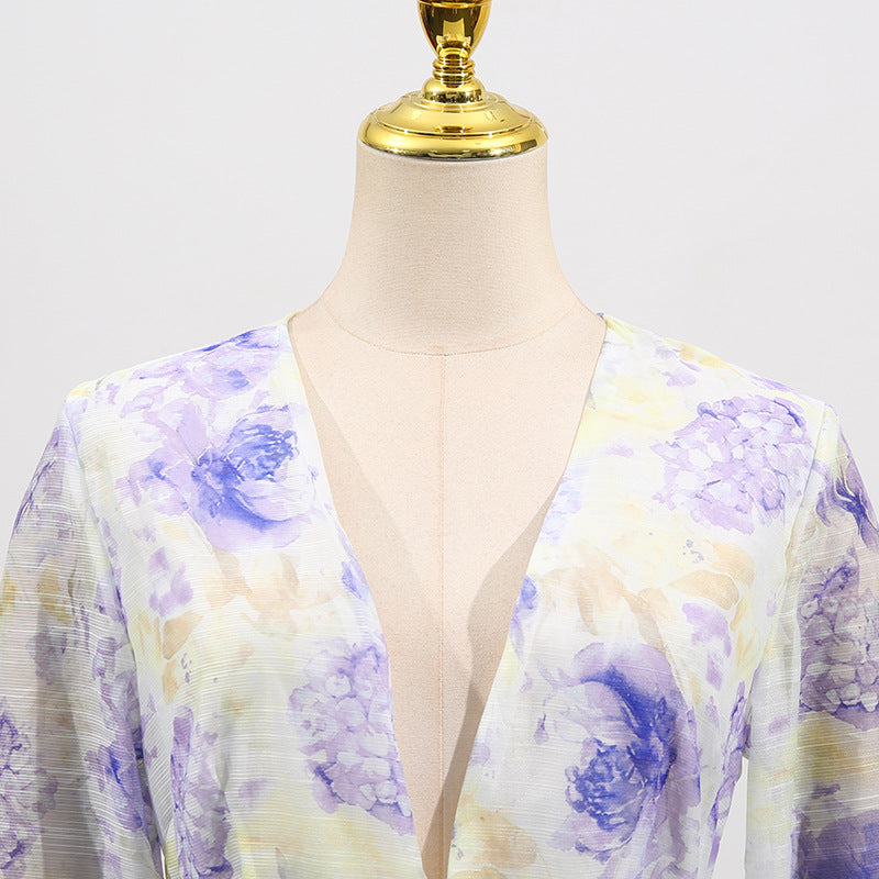 Floral Lace Trim Cake Dress – Summer Deep V-Neck Bell Sleeve Maxi Dress