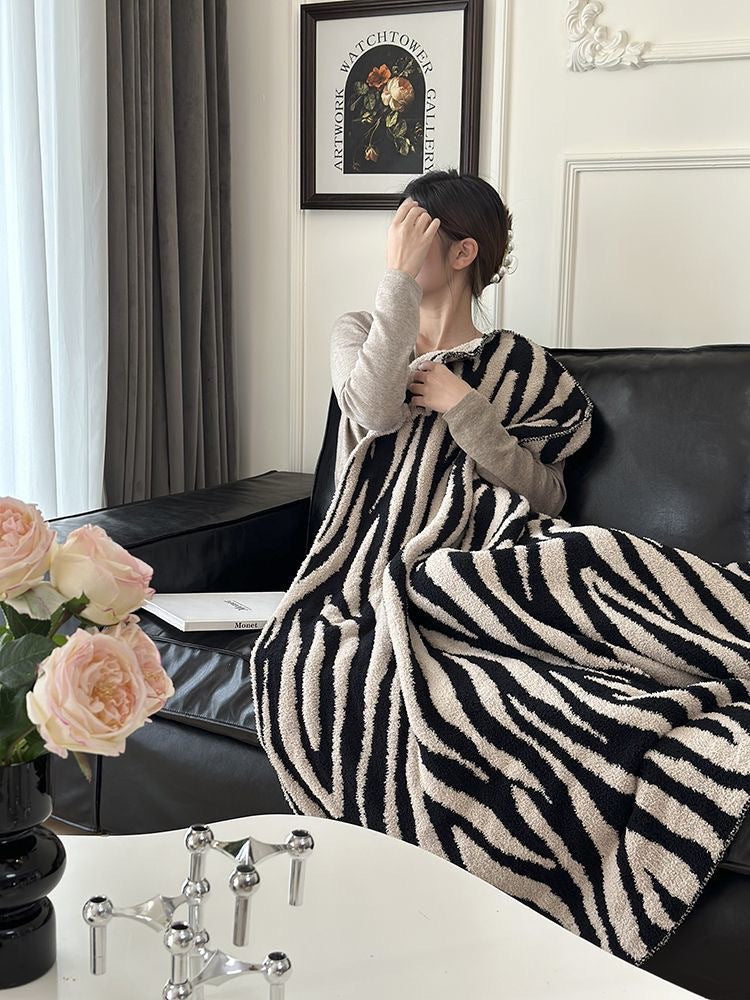 Zebra Print Sofa Knit Blanket – Reversible Flannel Throw for Office, Nap, Travel & Home