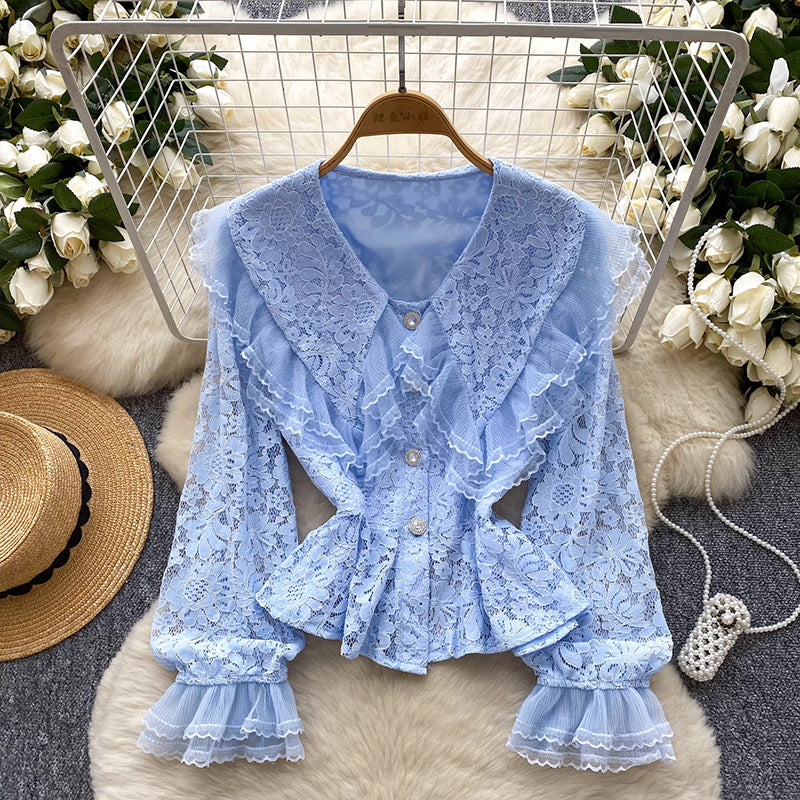 Lace Patchwork Lantern Sleeve Blouse