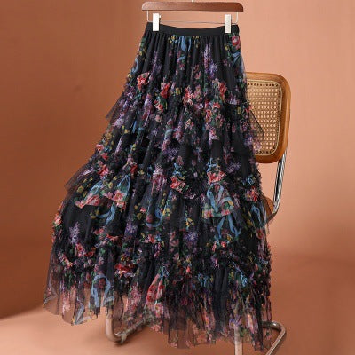 Women's Patchwork Print Mesh Cake Skirt