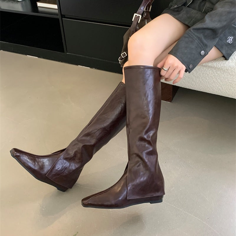 Fashion PU Velvet Square Tote Midi Length Boots