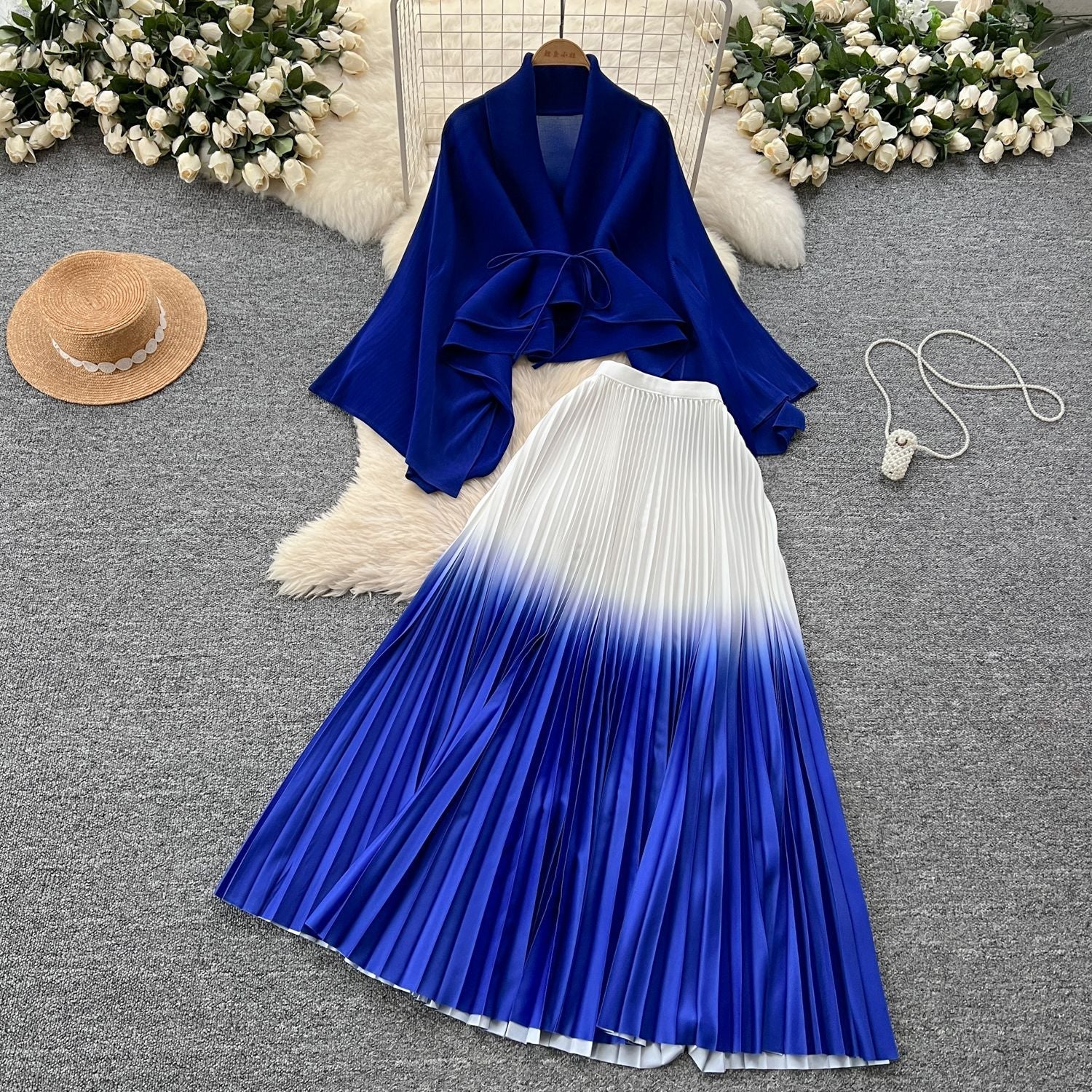 Women's Gradient Color Set - Loose Tie-Waist Pleated Top + High-Waisted Pleated Skirt