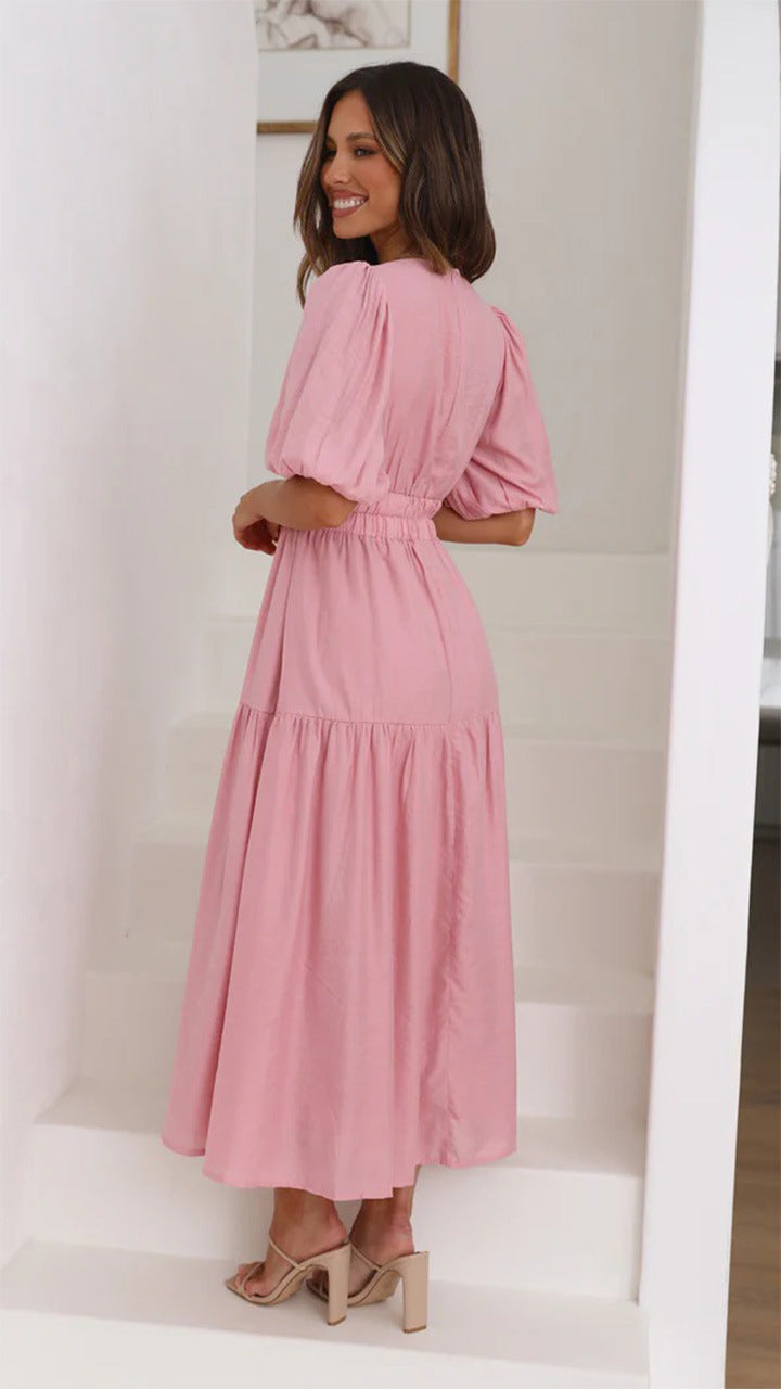 Chic Deep V Puff Sleeve Vacation Dress