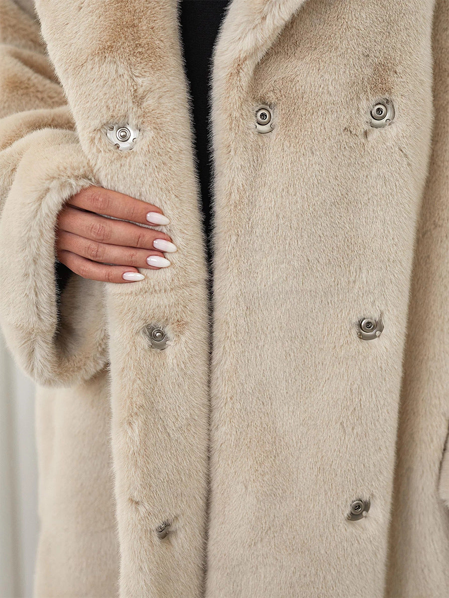 Women's Long Plush Fur Coat with Belted Waist & Notched Lapel