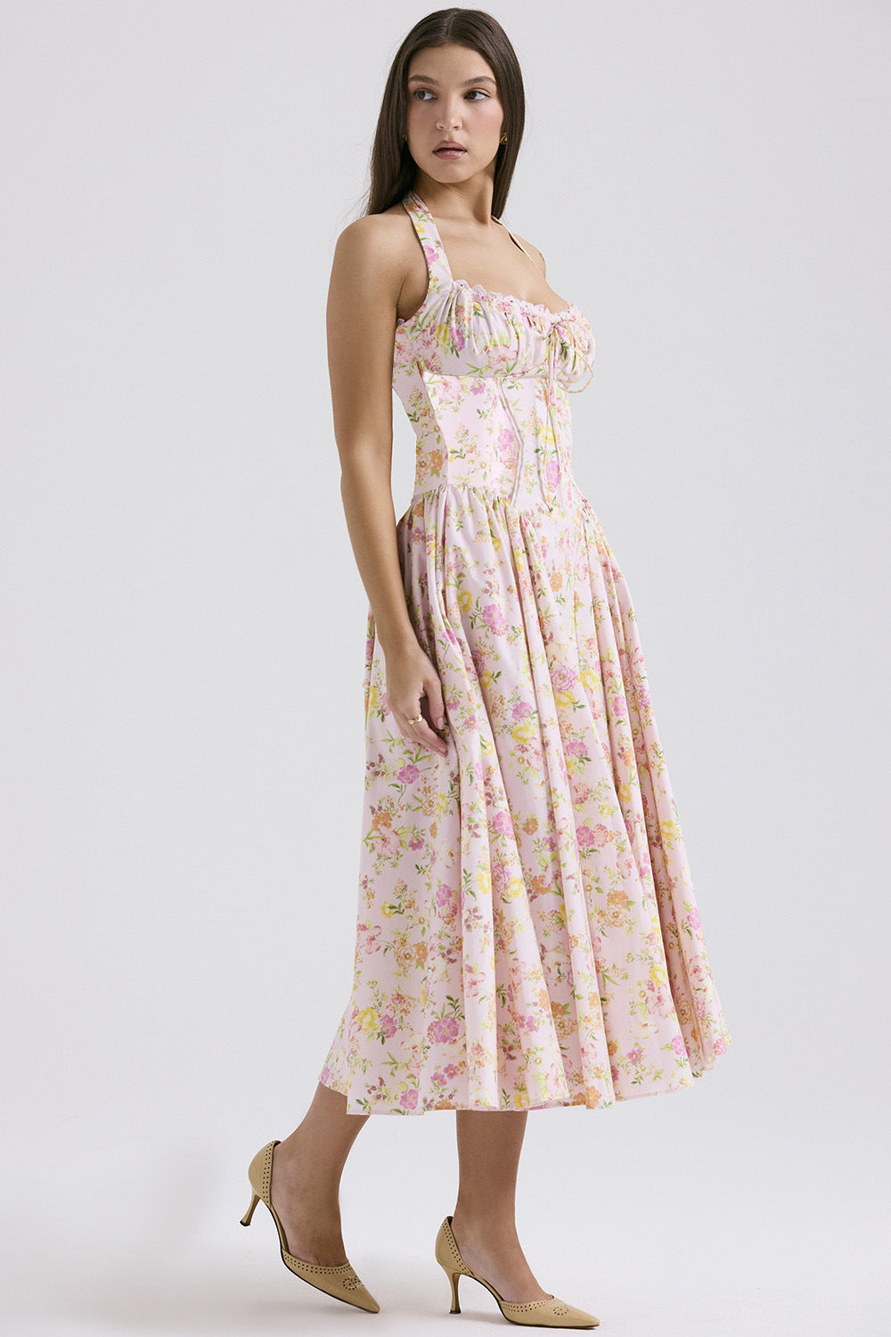 Women's Summer Floral Print Bodycon Halter Neck Maxi Dress