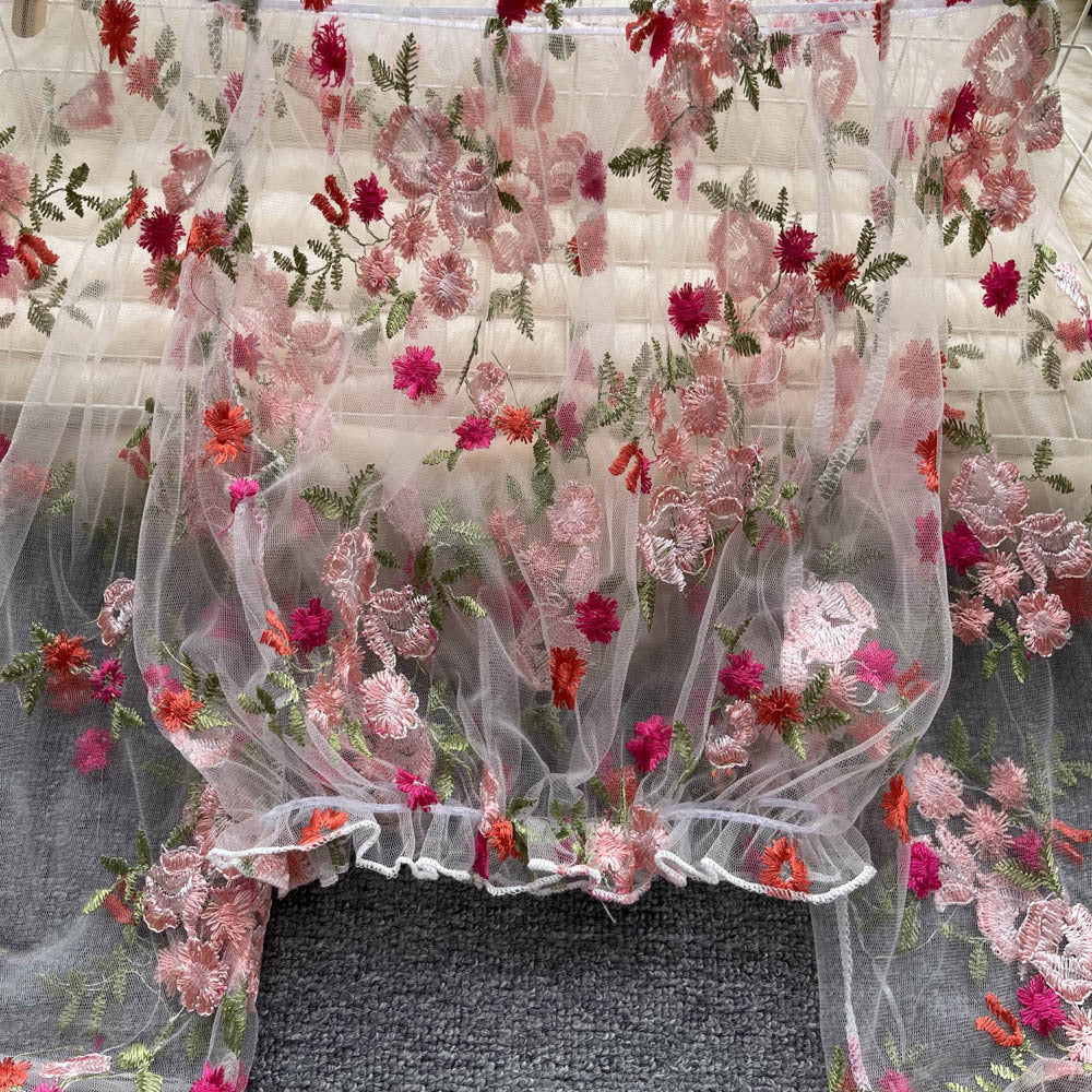 Off-Shoulder Mesh Embroidered See-Through Blouse