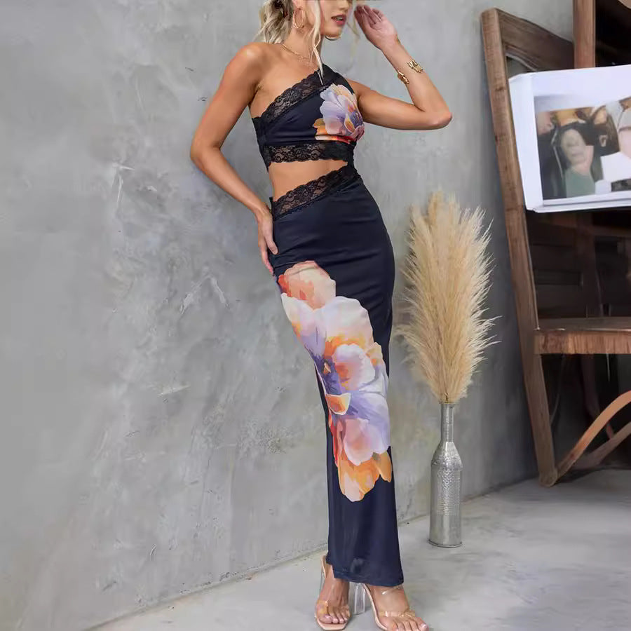 One-Shoulder Floral Lace Mesh Bodycon Dress