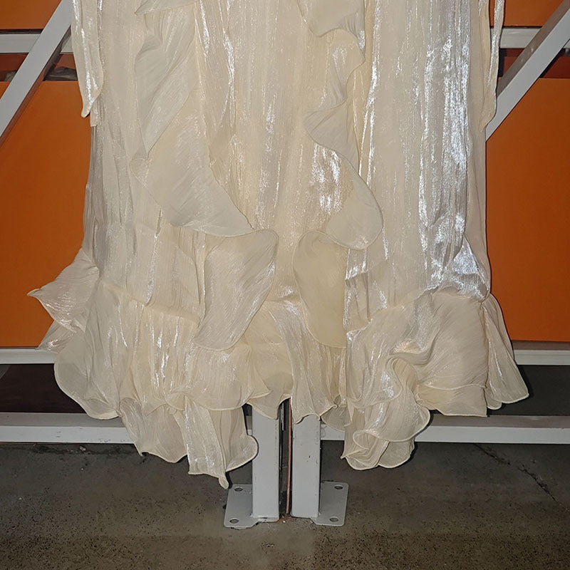 Summer Stand Collar Lantern Sleeve Ruffled Waist Dress for Women