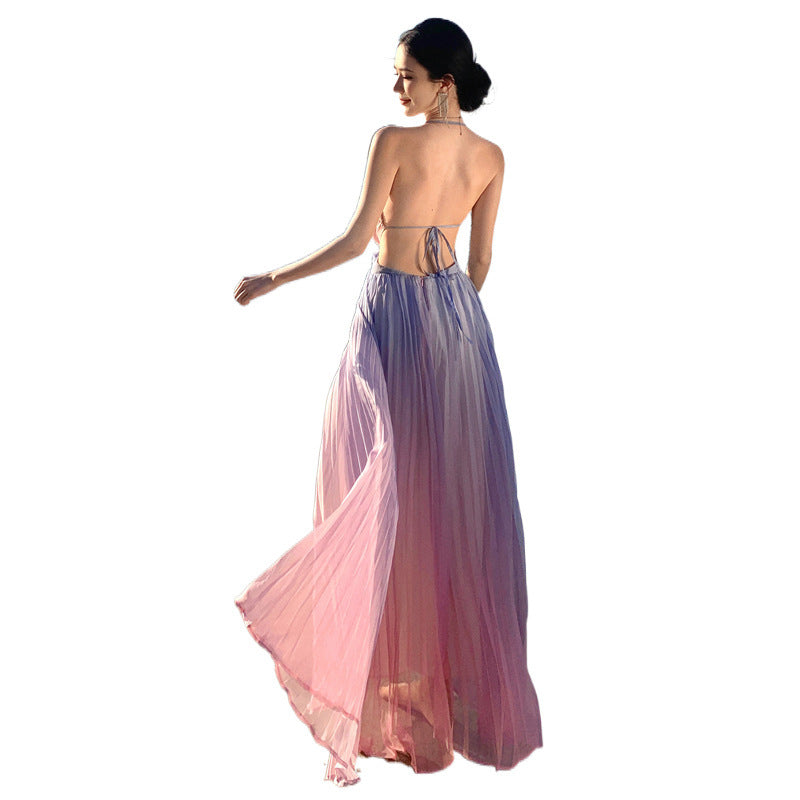 Bohemian Gradient Pink Purple Ruffle Backless Maxi Dress