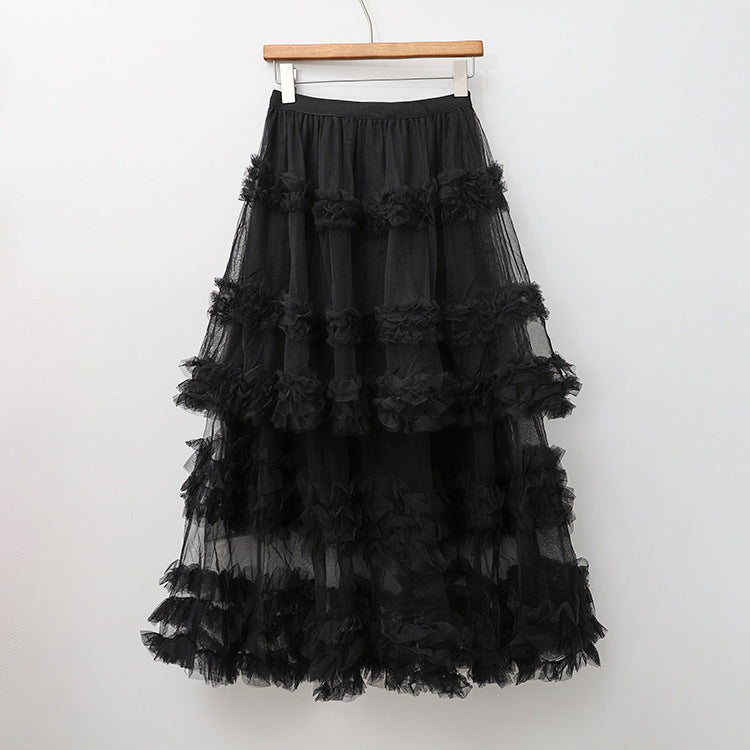 Layered Tulle Skirt - High Waist Ruffled Lace Trim Semi-Formal Skirt