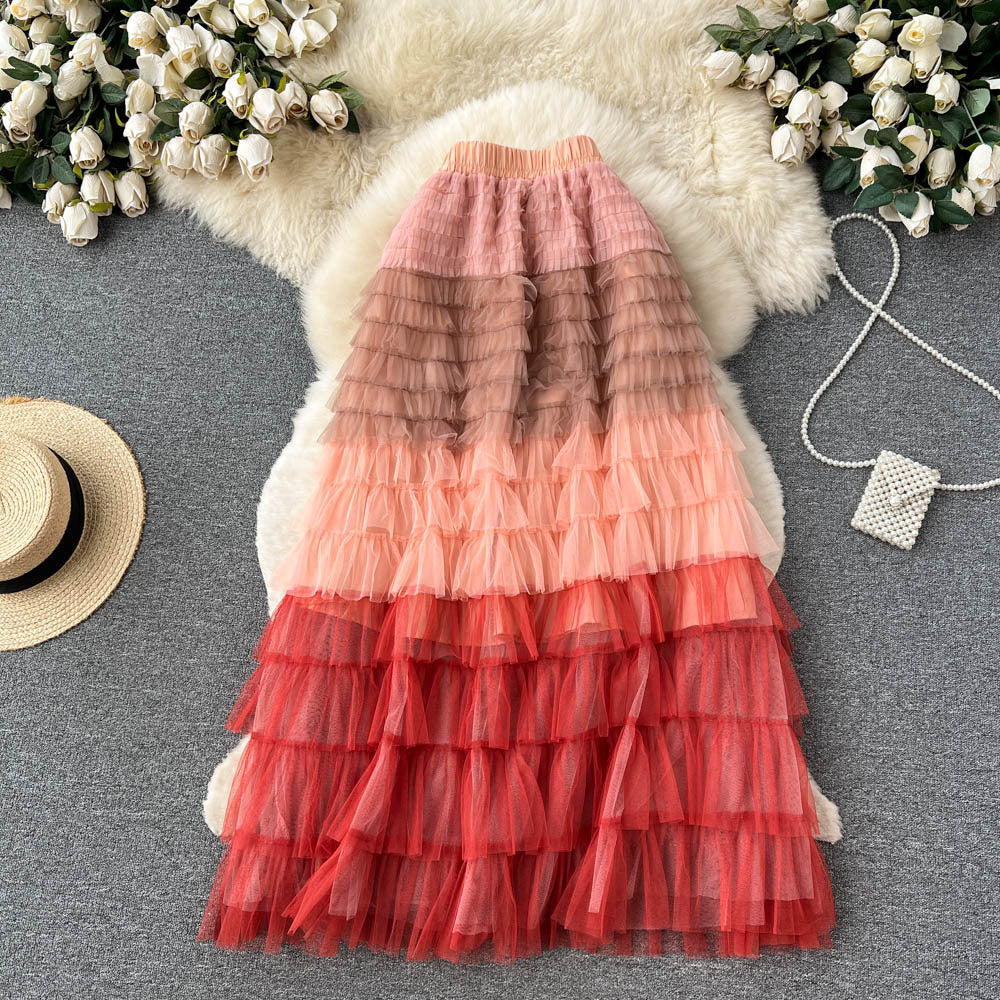 Women's Mid-Length Gradient Mesh A-Line Cake Skirt