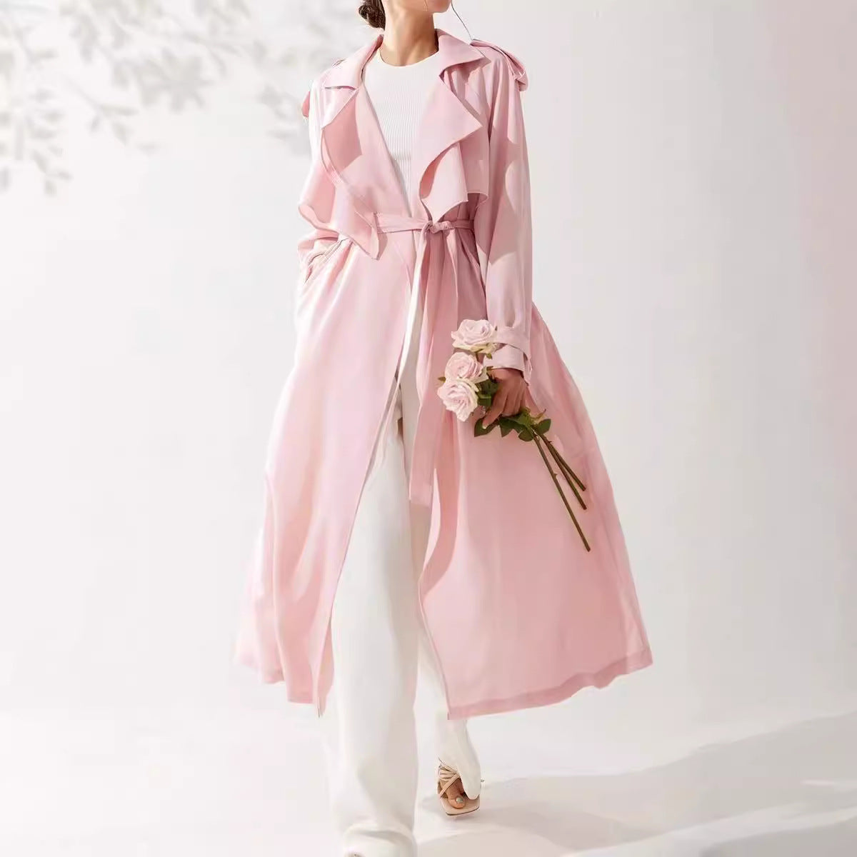 Elegant Pink Long Belted Lightweight Draped Trench Coat