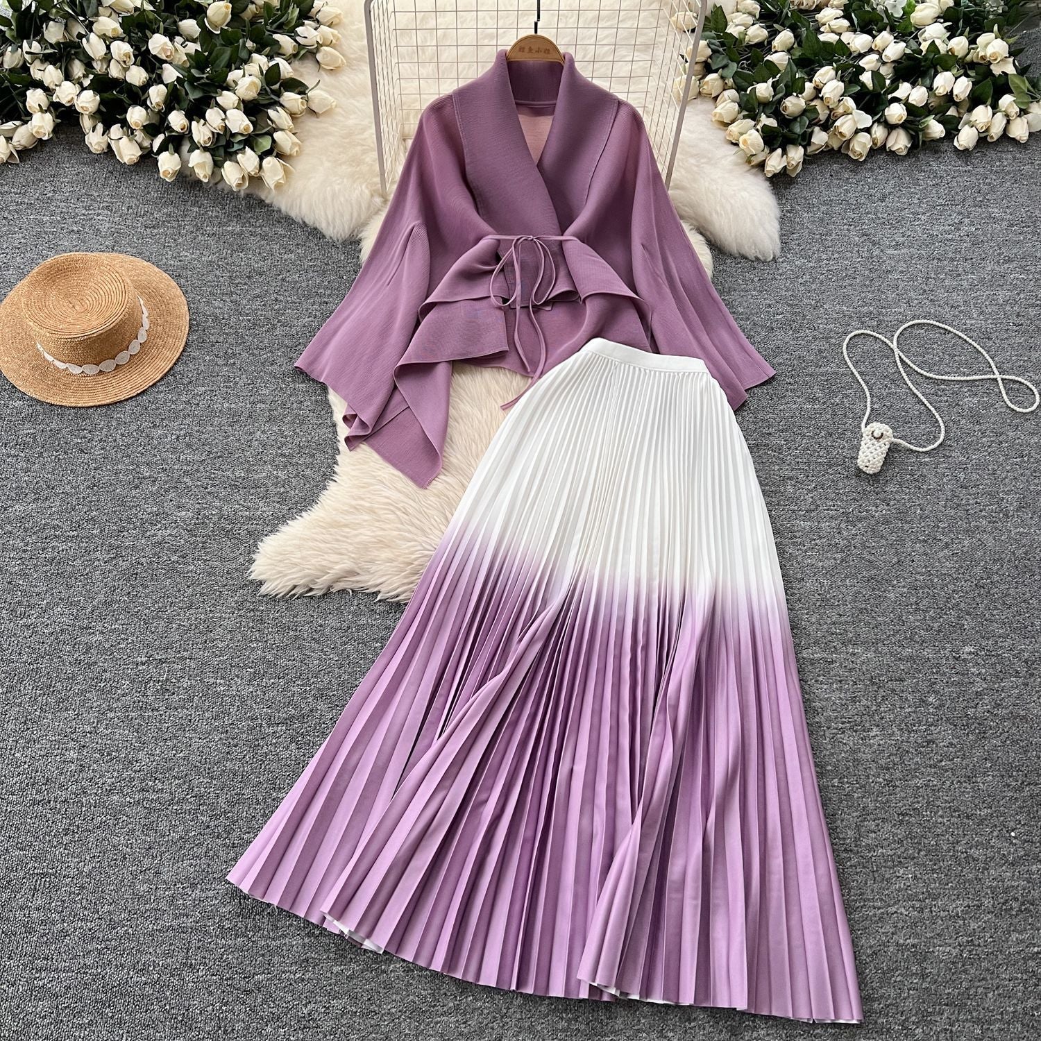 Women's Gradient Color Set - Loose Tie-Waist Pleated Top + High-Waisted Pleated Skirt