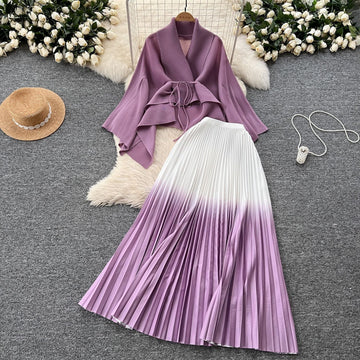 Women's Gradient Color Set - Loose Tie-Waist Pleated Top + High-Waisted Pleated Skirt