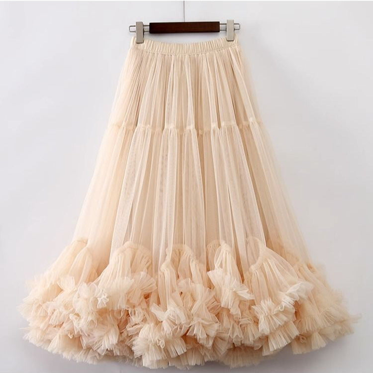 Layered Tulle Skirt with Floral Lace Trim-apricot-One Size-Free Shipping Leatheretro