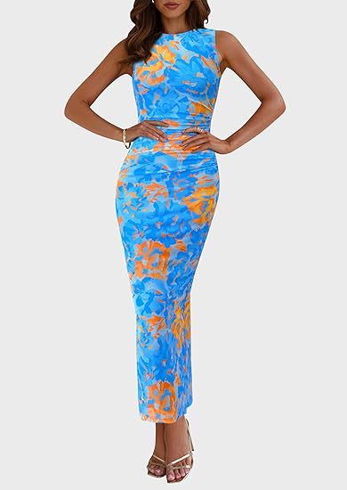 Round Neck Pleated Floral Bodycon Sleeveless Mesh Dress