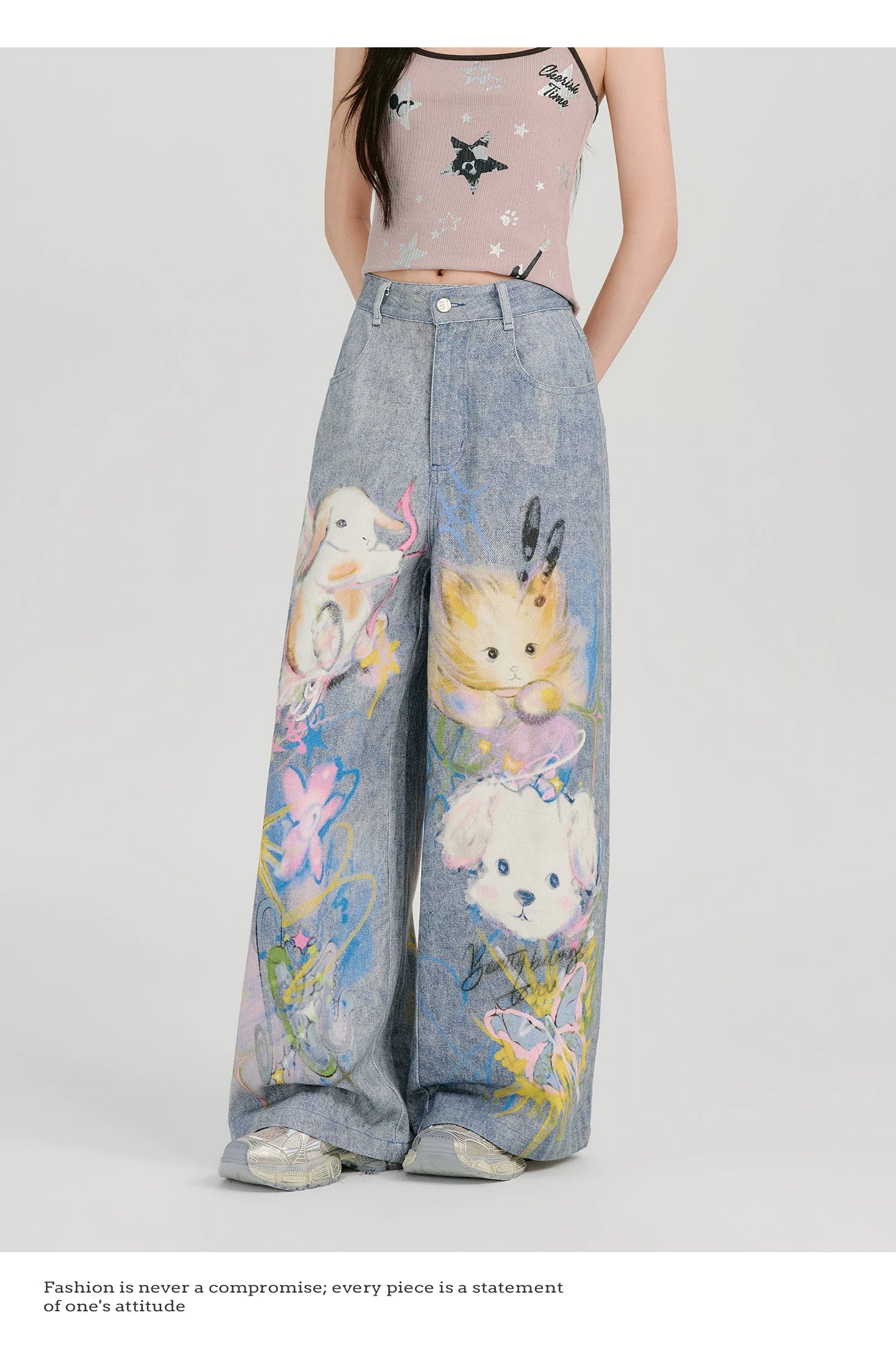 GirlyHao Vintage Tie-Dye Cartoon Print Wide Leg Jeans