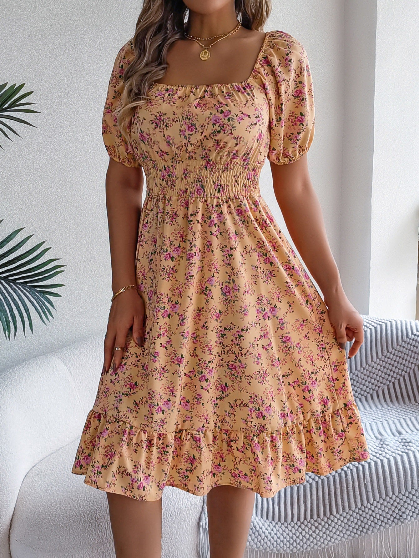 Floral Print Square Neck Short Sleeve Wrap Waist Ruffle Hem Dress