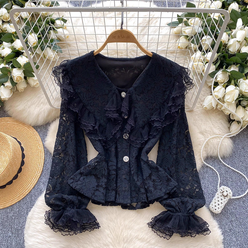 Lace Patchwork Lantern Sleeve Blouse
