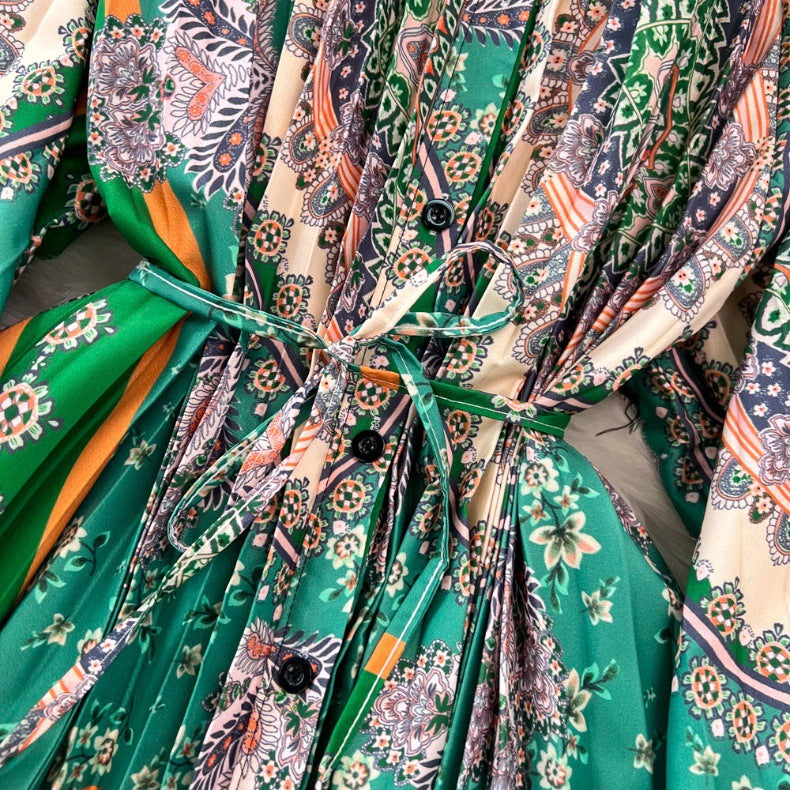 Retro Palace Style Lantern Sleeve Round Neck A-Line Floral Print Button-Down Waist Dress