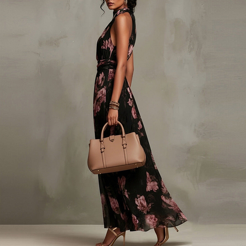 Elegant Halter Neck Sleeveless Print Maxi Dress