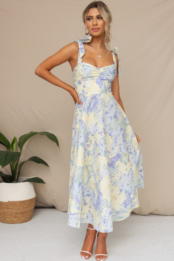 Summer Floral Print V-Neck Wrap Waist Midi Dres