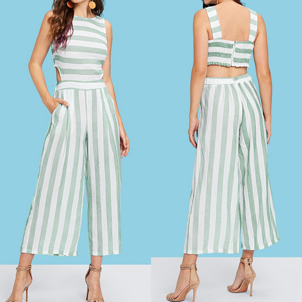 Designed Round Neck Baring Waist Striped Women Jumpsuits