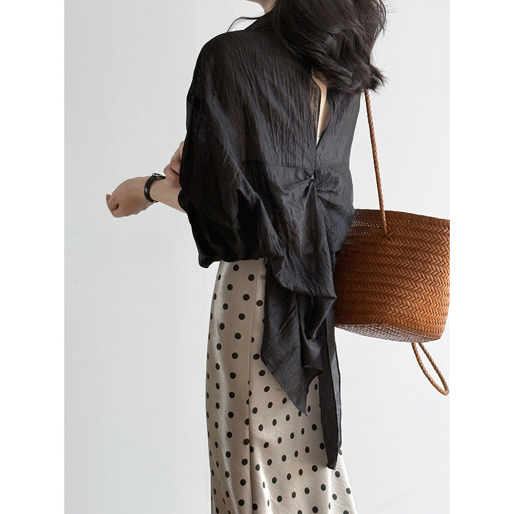 Women's Backless Knotted Shirt – Summer Loose Fit Long Sleeve Sun Protection Blouse-White-M-Free Shipping Leatheretro