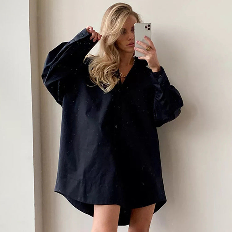 Oversized Fall White Button-Down Cotton Shirt for Women