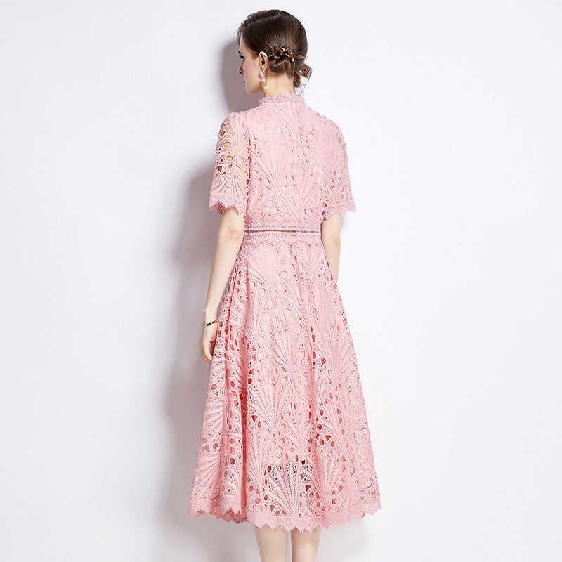 Vintage Embroidery Summer Pink Lace Dresses