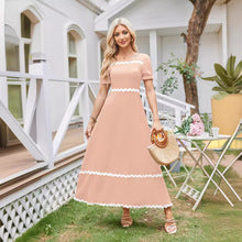 Square Neck Lace Back Shirred Puff Sleeve Dress